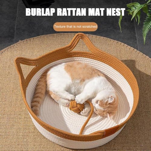 Hand-Woven Cotton Rope Cat Bed, Cozy Pet Basket with Toy Tail, Soft Woven Kitten for Indoor Cats' Comfort – Bild 4