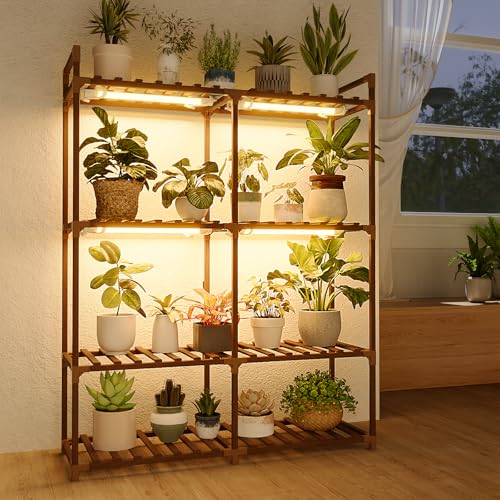 Bamworld Soporte de madera para plantas de 4 niveles con luces de crecimiento, soporte grande para flores para múltiples plantas, adecuado para patio, sala de estar, balcón