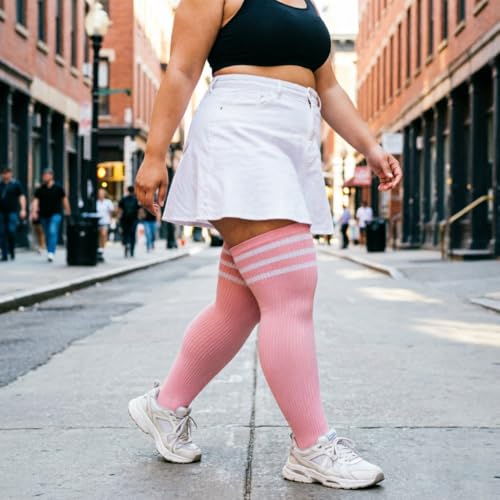 Image of DRESHOW Plus Size Thigh High Socks Striped Over Knee Long Boot Stockings Knee High Tube Socks Leg Warmers for Women