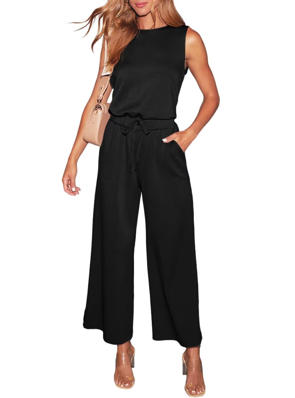 LACOZY Tuta estiva da donna, senza maniche, casual, tuta intera, gamba dritta, con tasche