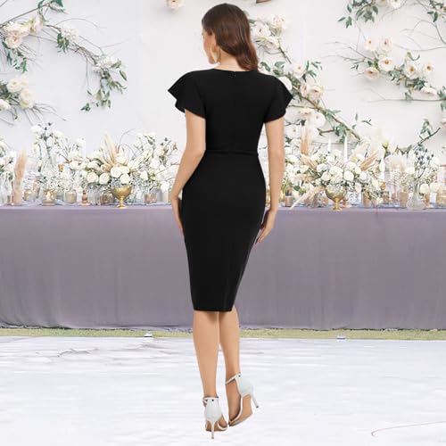 Image of shengfan Women's Sexy Deep V Neck Short Sleeve Ruched Waist Bodycon Wrap Cocktail Midi Dress
