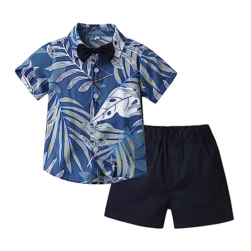 Image of Toddler Baby Boy Summer Clothes Set Floral Shirt Bow-tie Shorts Hawaiian Outfit