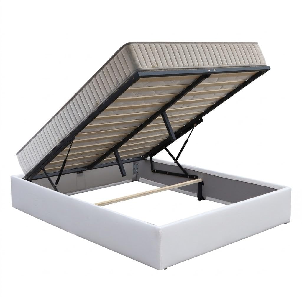 Ensemble Lit Coffre et Matelas 140x190 cm - Couleur : Blanc - Sommier Relevable avec Vérins Hydrauliques - Matelas Mousse Soutien Ferme Face Hiver Laine - Lit Coffre Déhoussable