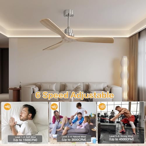 Image of Sofucor Smart Ceiling Fan no Lights, 52 inch Low Profile Ceiling Fans with Remote, Compatible with Alexa /Google /App, 3-Color Light 6-Speed DC Motor Reversible Timer for Bedroom Living Room Patio Outdoor