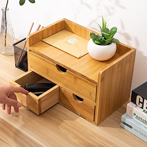 Exoliry Bamboo Desk Organizer Wooden Storage Cabinet 3 Drawers With Shelf Tabletop Organization Box Home Office Workspace Bathroom Toiletries Supplies Caddy Vanity Makeup Stationery Holder #TOP4