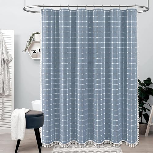 Image of BTTN Stall Shower Curtain - 60x84 Long Boho Farmhouse Linen Weighted Fabric Cloth Shower Curtain Set with 10 Plastic Hooks, Narrow Bohemian Country Decorative Thick Shower Curtains for Bathroom - Blue