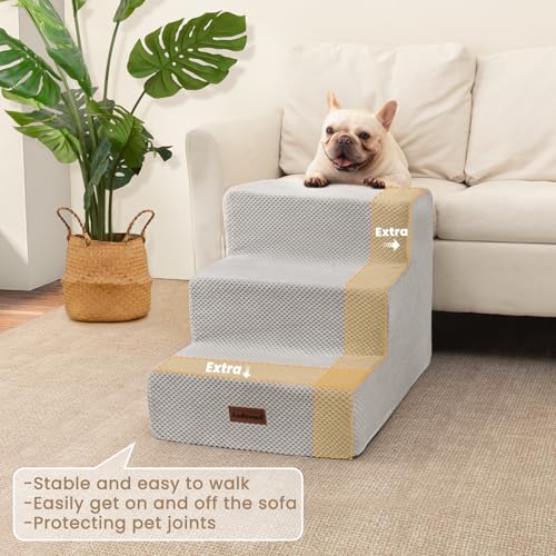 Image of Aodisman Dog Stairs for Small Dogs,Wider 3-Step Pet Steps for Couch & Bed | High-Density Foam Dog Steps,Anti-Slip Bottom,Easy for Puppies,Older Cats & Dogs to Reach Sofas & Chairs,Light Grey,15.7 inch H