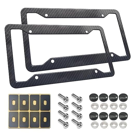 Carbon Fiber License Plate Frame- 2 Pack Black Aluminum Front & Rear Auto Car Tag Holder, Heavy Duty Bracket with Mount Hardware, Stainless Steel Screws, Caps, Rattle Proof Pads, Tire Valve Cover
