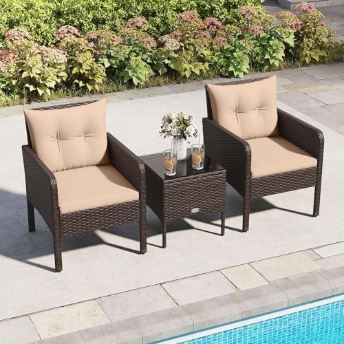 Image of Tangkula 3 Pieces Patio PE Wicker Furniture Set, Outdoor Bistro Conversation Set with Cushions and Tempered Glass Coffee Table, Outside Rattan Table and Chairs for Porch (Beige)