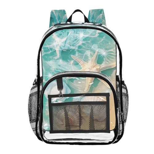 Summer Beach Starfish and Seashell Clear Backpack - Stadium Approved Large 15.7-inch Waterproof Transparent Bag for Sports, Concerts, Work, Travel#561