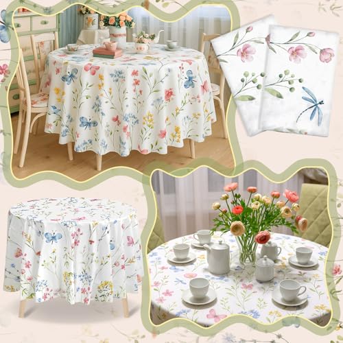 Image of Ganeen 6 Pcs Wildflower Plastic Tablecloth 84 Inch Spring Round Tablecloths Floral Theme Birthday Decor Disposable Plastic Round Waterproof Table Covers for Holiday Weeding Tea Decoration Party Favor