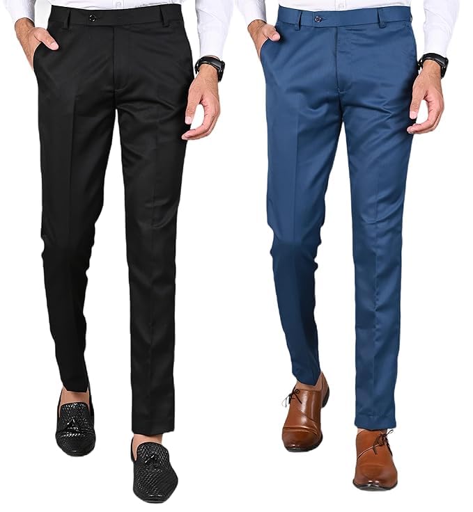 Men's Slim Fit Formal Trousers, Black & Blue, Pack of 2-picture-23