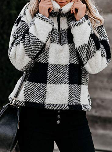 Chase Secret Women's Plaid Long Sleeve Zipper Sherpa Fleece Sweatshirt Pullover Jacket Coat with Pockets Black Medium