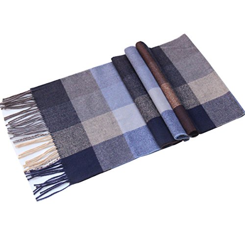 Lucky Leaf Women Men Winter Cozy Wool Warm Tartan Checked Plaid Wrap Scarf (Blue Brown Plaid)