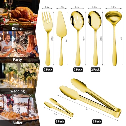 Gisly Gold 12 Pieces Serving Utensils Include Large Serving Spoons,Slotted Serving Spoons,Serving Forks,Serving Tongs,Appetizers Tongs,Soup Ladle and Pie Cake Server for Buffet Catering - Image 3