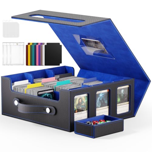 Image of Trading Card Storage Box, 2600+ MTG Deck Box with Magnetic Lid | Handle design with Commander and Toploader displays, dice box, dividers and labels for TCG, MTG, Yu-Gi-Oh! and sports cards