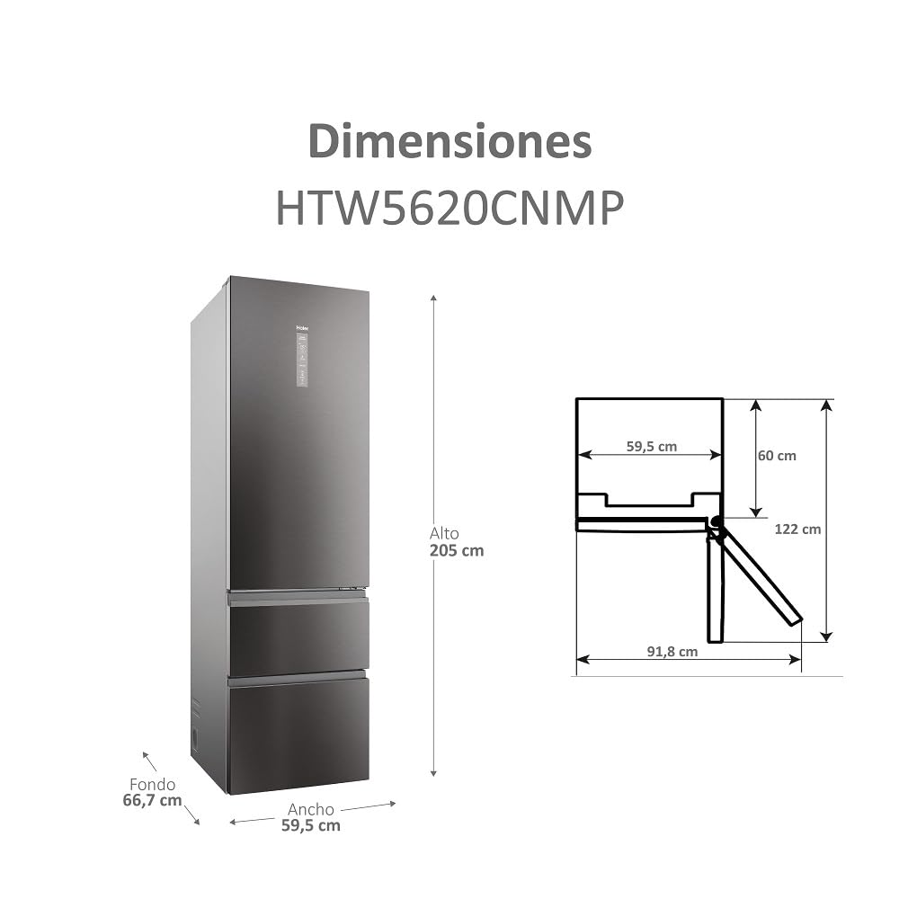 Haier 3D 60 Series 5 HTW5620CNMP - Frigorífico Combi, Cajones Direct Access, WIFI, Botellero, Motor Inverter, My Zone Pro, Humidity Zone, Total No Frost, AnxAl 59,5x205cm, 414L, Luz LED, Inox oscuro