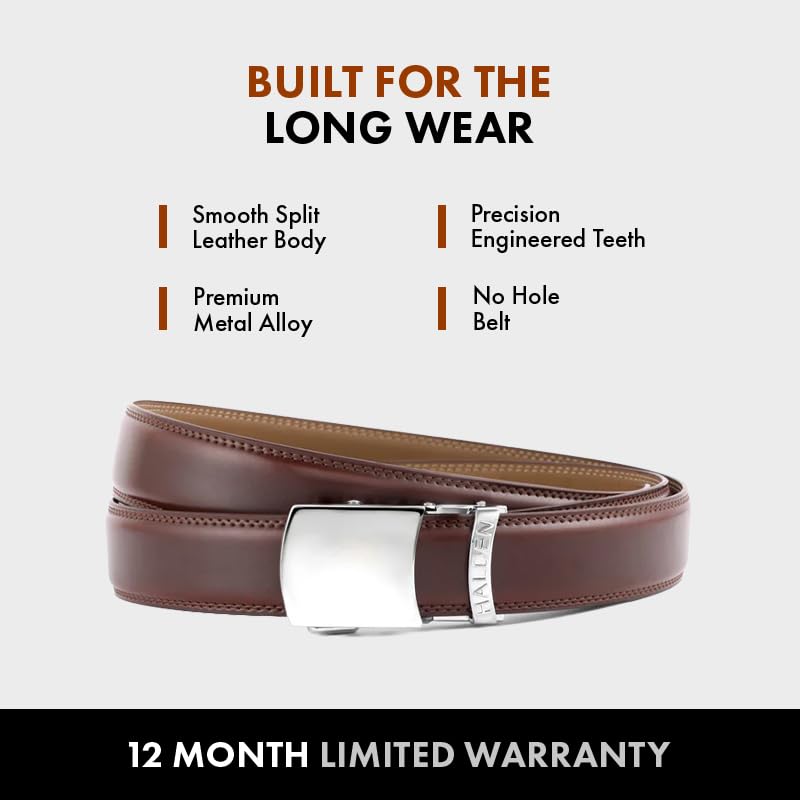 Image of HALDEN BURLEY Men's Brown Ratchet Belt | Auto-Lock Leather Formal Belt with Magnetic Buckle | Adjustable Free Size Fits Up to 44 Inch Waist