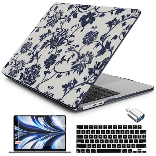 Batianda Case for New MacBook Air 13 inch 2025 M4 2024 2022 Model A3240 A3113 M3 A2681 M2,Slim Lightweight Protective Shell with Creative Pattern with Keyboard Cover & Screen Protector, Navy Flowers