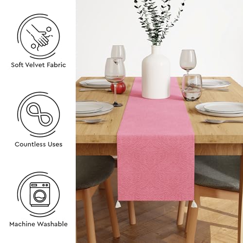 Image of Encasa XO 4 Seater Dining Embossed Velvet Table Runner | Size 32x150 cm | Pink Color with Premium Polyester - Machine Washable