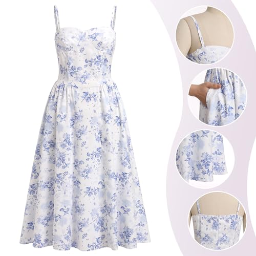 Image of ABEHIK Casual Dresses for Women Boho Spaghetti Strap Corset Midi Dress with Pockets Low Cut Flowy Pleated Bustier Sundress