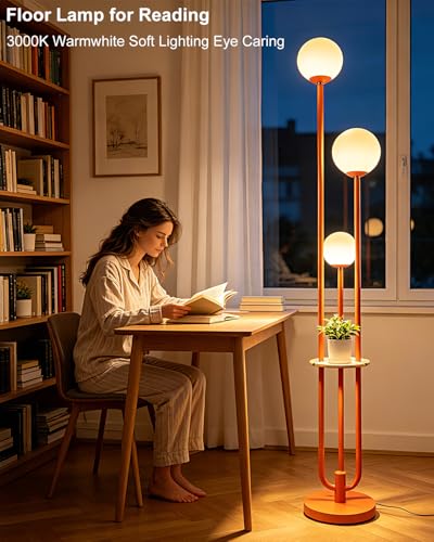 Image of Dimmable 3-Light Globe Floor Lamp with Storage Shelf, Orange Mid Century Modern Standing Lamp, 3PCS 3000K Warm White LED Bulbs Included, Tall Pole Light for Living Room, Bedroom Sofa Corner