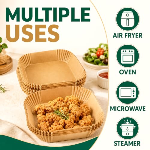 Image of Eightiz 100 PCS Air Fryer Paper Liners, Disposable Parchment Paper, Oil-Proof Non-Stick Baking Sheets for Air Fryer, Microwave, Baking, Roasting, Frying & Cooking (Square, 8 Inch).