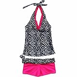 FEESHOW Kids Girls 2 Piece Tankini Swimsuit Bathing Suit Halter Top with Boyshort Swimwear Set Halter Pink 15-16