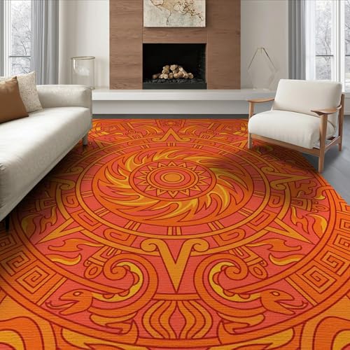 ODIKA 6'x9' Washable Aztec Aztec Area Rug, Dark Orange Foldable Non-Slip Large Carpet Foldable Easy Care Carpet for Queen Size Bedroom, Under Bed, Master Bedroom | Ref:2001426