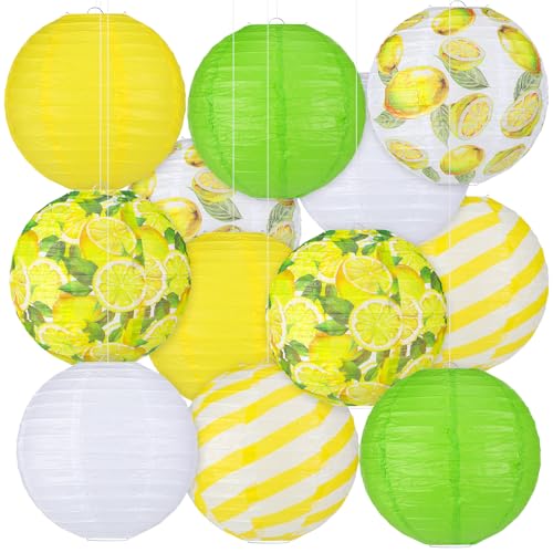 Panelee 12 Pcs Lemon Paper Lanterns Summer Lemon Theme Party Decorations Round Hanging Yellow Paper Lanterns for Summer Fruit Bridal Shower Party Decorations Supplies Indoor Outdoor