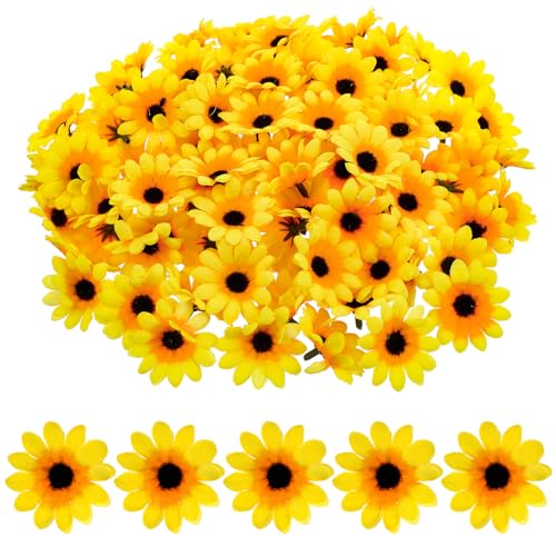Lot de 100 tournesols artificiels - 4,5 cm - Têtes jaunes en soie - Mini décorations florales pour mariage, jardin, fête, table, photographie, artisanat