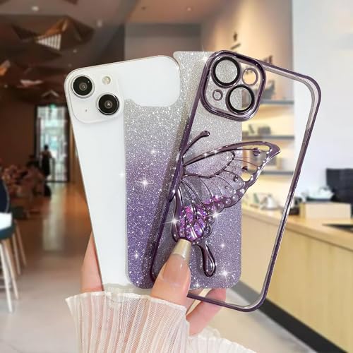 Image of SHINESTAR 3D Butterfly Case for iPhone 13 Cover, Cute Girly Glitter Bling Luxury Back Cover for Women Girls Protective Shockproof Slim Camera Protection for iPhone 13 - Purple