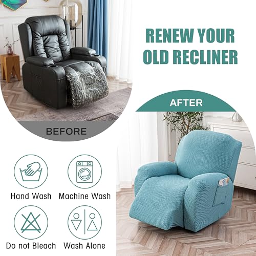 Image of Genina Recliner Chair Cover, Stretch Reclining Chair Covers, Recliner Sofa Slipcovers Stripe Jacquard Lazy Couch Covers Furniture Protector Covers for Pet Kid (Light Blue, 1 Seat)