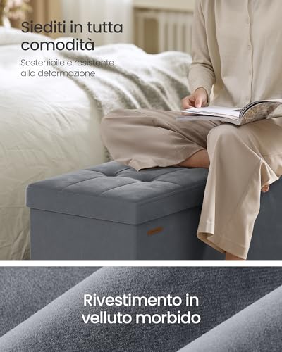 SONGMICS Pouf Contenitore, Cassapanca Pieghevole, 38 x 110 x 40 cm, Sgabello Poggiapiedi, 112 L, Superficie in Velluto, per Camera da Letto Soggiorno, Grigio Ardesia LSF0518G02 - Immagine 3