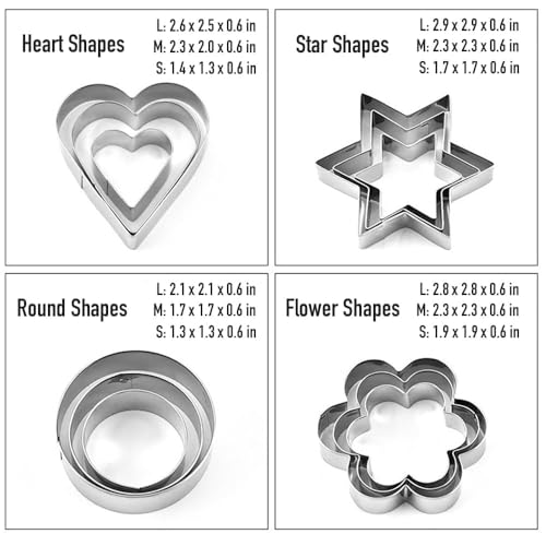 Image of Cookie Cutter Stainless Steel Cookie Cutter with 4 Shape 3 Sizes Heart Round Star and Flower, 12 Pieces