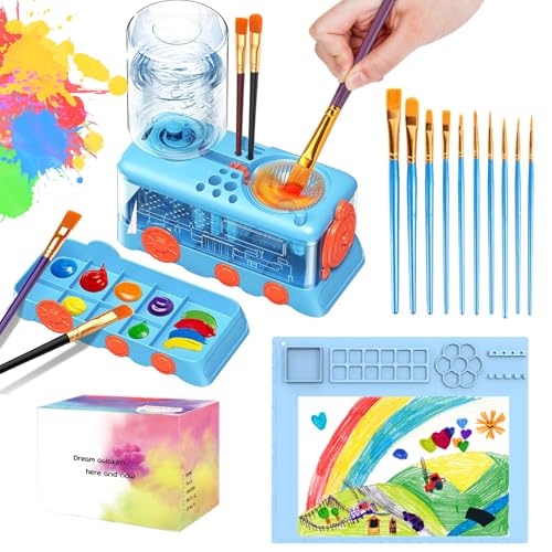 Velachuan Paint Brush Cleaning Kit for Kids with 5 Brushes Art Smock Washable Mat Guidebook Spiral Brush Cleaner Jar for Watercolor(Blue)