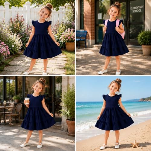 Image of HILEELANG Girls Cotton Tiered Dress Flutter Ruffle Sleeve Summer Swing Sundress Birthday Party Casual Outfit Colorblock 2-12Y
