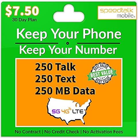 SpeedTalk Mobile $7.50/Month - 250 Texts (SMS) + 250 Minutes (Talk) + 250 MB 5G 4G LTE Data - 3-in-1 SIM Card - 30 Days Nationwide Service Cover