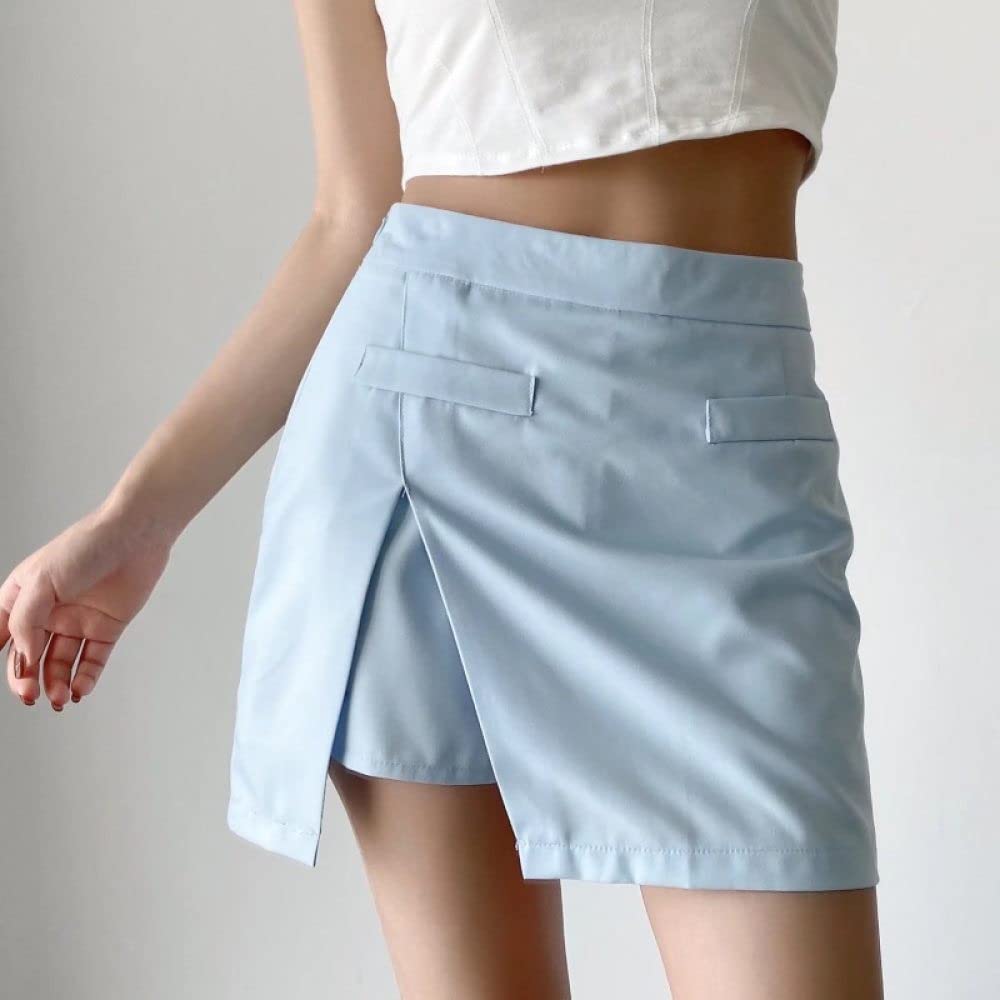 Röcke Für Damen,Damen-Minirock Blau High Waist Schlitz Hüften Wickelrock Einfarbiger Reißverschluss A-Linie Lagenrock Mit Hose Lässiger Kurzer Rock Für Mädchen Damen,M
