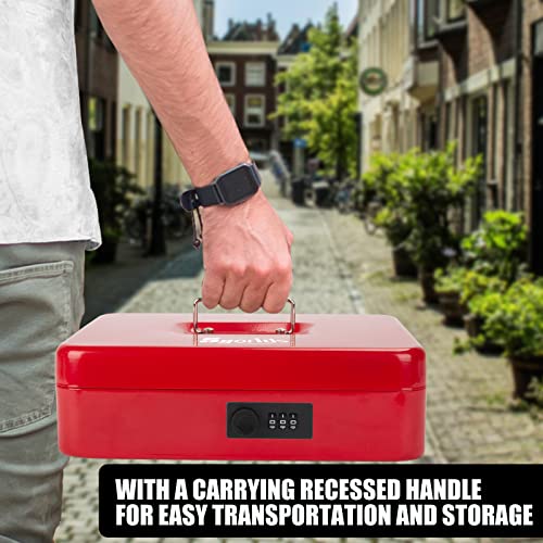 Sgorlds Large Locking Cash Box with Combination Lock and Money Tray, Money Box with Cash Tray, Lock Safe Box with code 11.8\" x 9.5\" x 3.5\", Red - Thumbnail 6