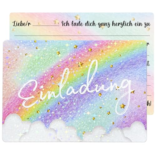JOYEASE 12x Glitzer Regenbogen Einladungskarten Kindergeburtstag Mädchen Regenbogen Geburtstag Party Karten Geburtstagseinladungen für Einladung Kindergeburtstag Mädchen