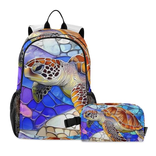 Travel Backpack Lunch Bag Set for Hiking Picnic, Backpacks with Insulated Lunch Box Stained Glass Turtle Print