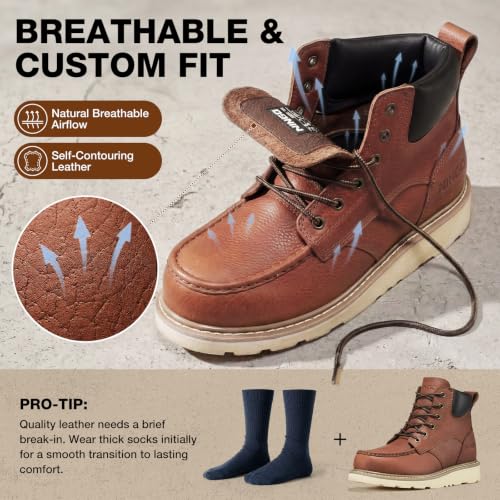 Image of NINGO Soft Toe Work Boots for Men, Moc Toe, Full-Grain Leather, EH Rated | Safety Construction Boots, Goodyear Welt, Wedge Sole, Water Resistant, Oil & Slip Resistant, for Welding, Casual Wear