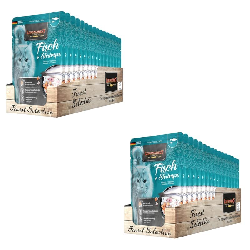 Leonardo Finest Selection Fish & Shrimps | Doppelpack | 2 x 16 x 85 g | Nassfutter für ausgewachsene Katzen | Empfohlen bei Futterunverträglichkeiten | Frischebeutel