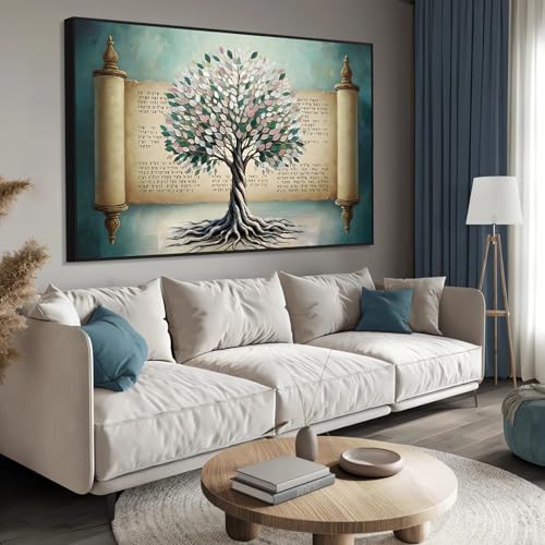 Toile Arbre de Vie Judaïque 60x40 cm avec cadre noir pour décoration de maison