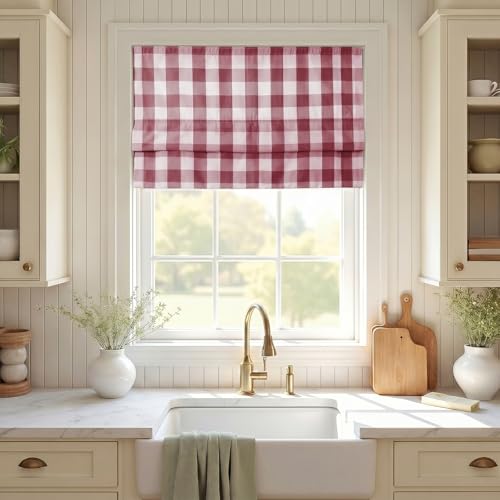 Image of TWOPAGES No Drill Cordless Buffalo Plaid Roman Shades Gingham Checkered Roman Blinds for Windows, Custom Made Room Darkening Blinds Farmhouse Shades, Red Grid, 1 Piece