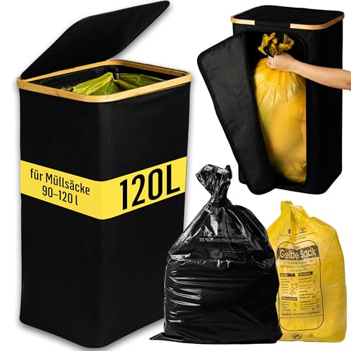Deco haus Gelber Sack Ständer mit deckel [90-120L] - Müllsackständer mit Bambusrahmen und fixierendem Metallring - Mülleimer 120 liter - Reißverschluss - Gelber Sack Ständer Klappbar Schwarz
