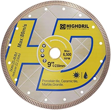 HIGHDRIL Diamond Saw Blade - 9 Inch Diamond Tile Blade Disc Cutting Porcelain Tile Ceramic Granite Marble Dry or Wet Use Circular Saw Blade with Turbo X Mesh