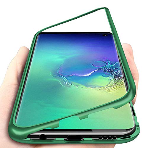 JUNHENG Funda para Samsung Galaxy S10 Adsorcion magnetica Tecnología Imanes Fuertes Incorporado Aluminio híbrido Cuadro atrás Transparente Vidrio Templado Resistencia Rayado Proteccion Cover, Verde
