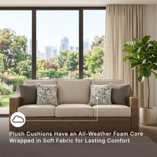 Image of Signature Design by Ashley Carmel Bay Outdoor Sofa, Handwoven Resin Wicker Patio Couch, Rust-Resistant Aluminum Frame, 3-Seater for Backyard or Sunroom, Beige, 84 inch W